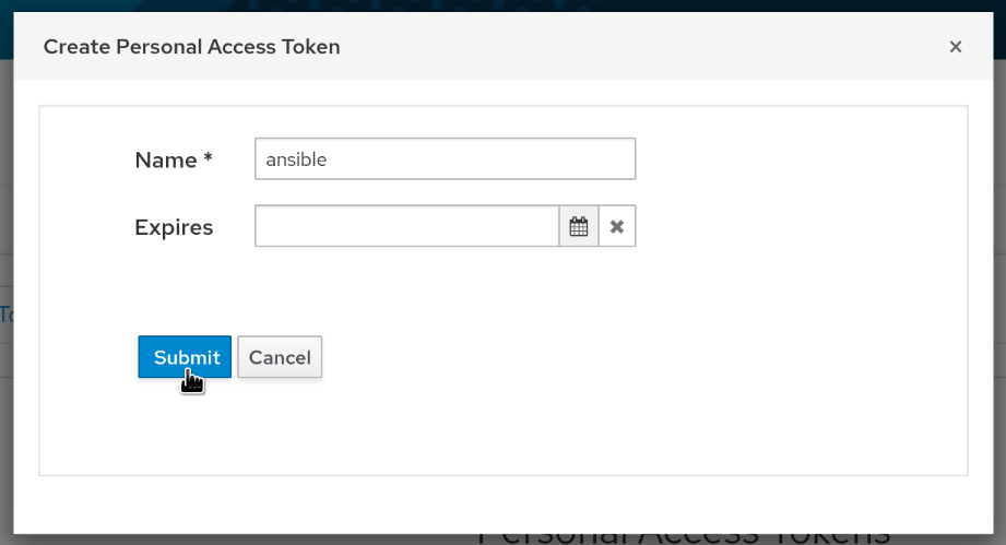 Personal Access Token creation form, the name is filed in as "ansible"