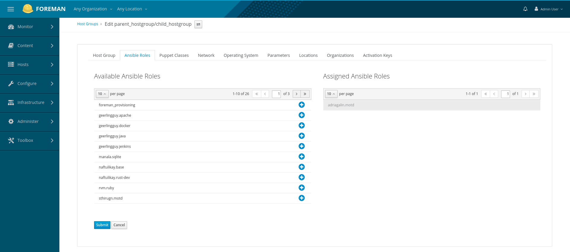 select roles for hostgroup